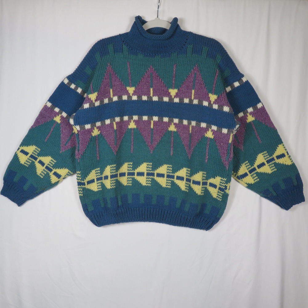 Vintage Sage Handknit in Utah Sweater Colorful Geometric Pattern Large